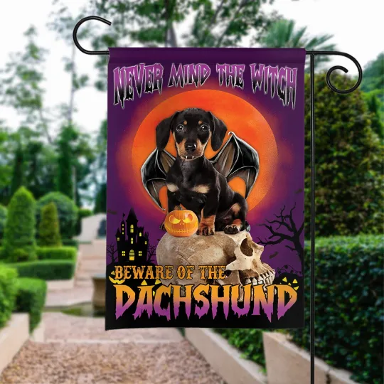 Discover Happy Halloween Flag, Never Mind The Witch Beware Of The Dachshund Dog Flag