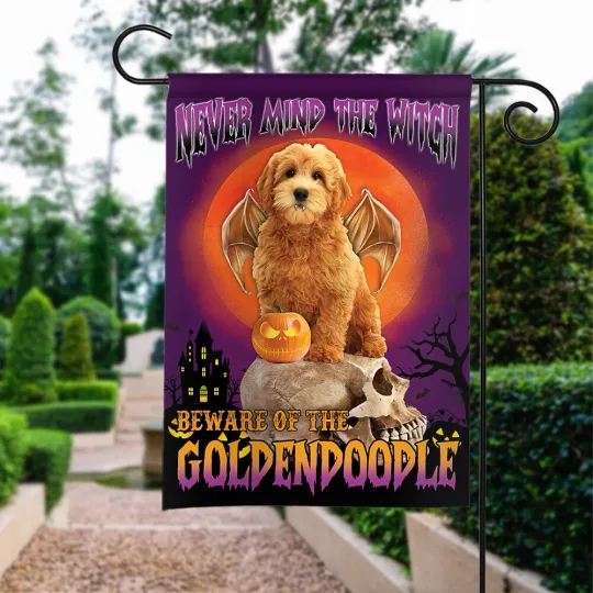 Discover Happy Halloween Flag, Never Mind The Witch Beware Of The Goldendoodle Dog Flag