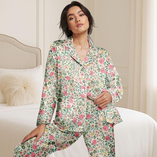 Pink Rose Floral Pajamas, Flower Long Satin Pajamas, Romantic Women Pajamas