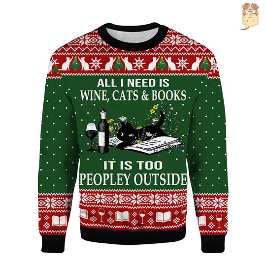 Discover Funny Cat Lover Ugly Sweater All I Need Is Wine Cats And Books Ugly Sweater Book Lovers Ugly Sweater  Christmas Wine Lovers Ugly Sweater