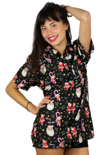 Hawaiian Christmas Candy Cane Santa Shirt for Women