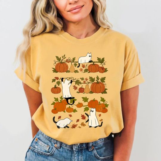 Discover Vintage Black Cat On Pumpkin Comfort Colors Shirt, Fall Ghost Cat Shirt