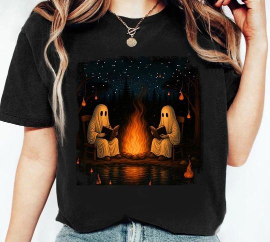 Vintage Ghost Book Reading Camping Gothic Halloween Teachers T-Shirt