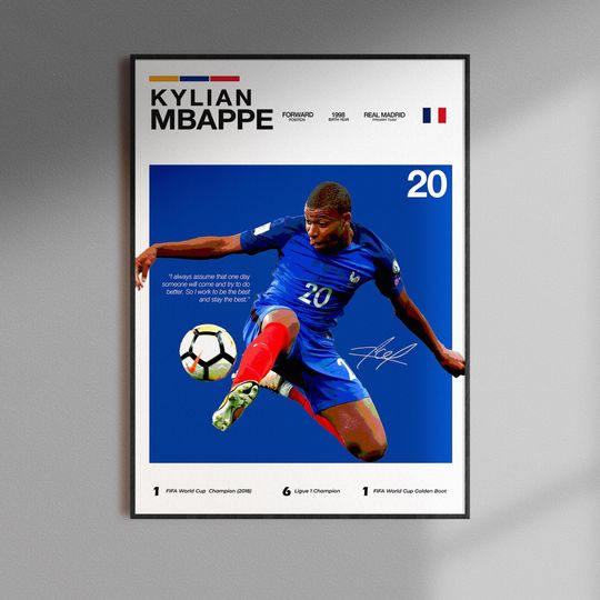 Kylian Mbappe Poster, Soccer Wall Art, Football Print, GOAT Room Decor, Fan Gift