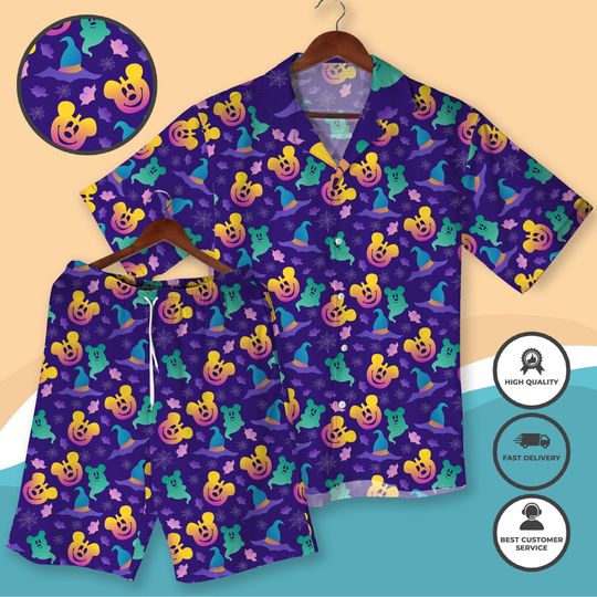 Discover Halloween Hawaiian Shirt and Shorts with Mickey Pumpkin Ghost Bat Print