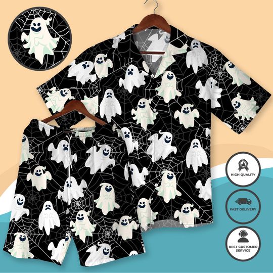 Halloween Spooky Ghost Spiderweb Hawaiian Shirt and Shorts Couple Costume