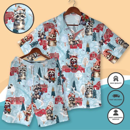 Discover Cute Raccoon Christmas Hawaiian Shirt and Shorts Set, Winter Holiday Festive Outfit
