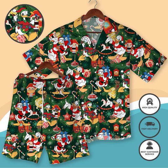 Donald Duck Christmas Hawaiian Shirt and Shorts Holiday Outfit, Funny Xmas Family Matching Set
