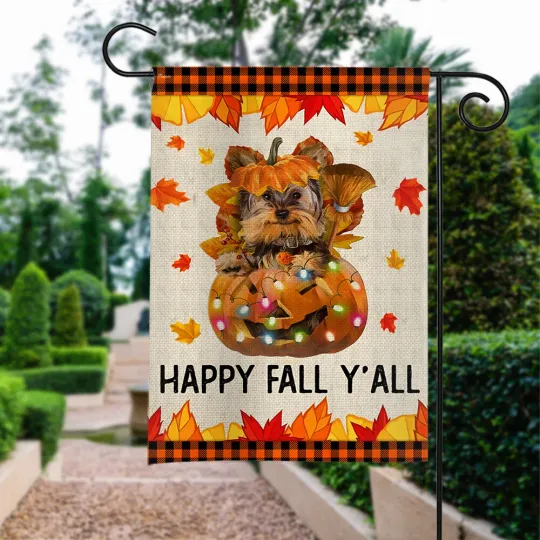 Yorkshire Terrier Dog Happy Fall Y'all Flag, Happy Thanksgiving Yorkie Dog Flag