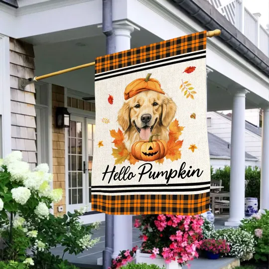 Golden Retriver Dog Happy Fall Y'all Flag, Happy Thanksgiving Welcome Dog Flag