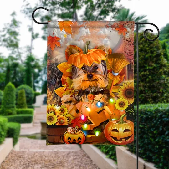 Yorkshire Terrier Dog Happy Fall Y'all Flag, Happy Thanksgiving Yorkie Dog Flag