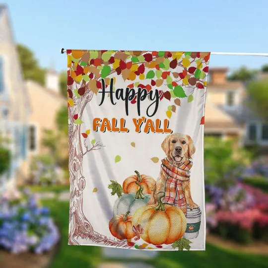 Golden Retriever Welcome Fall Y'all Garden Flag, Thanksgiving Decor, Autumn flag