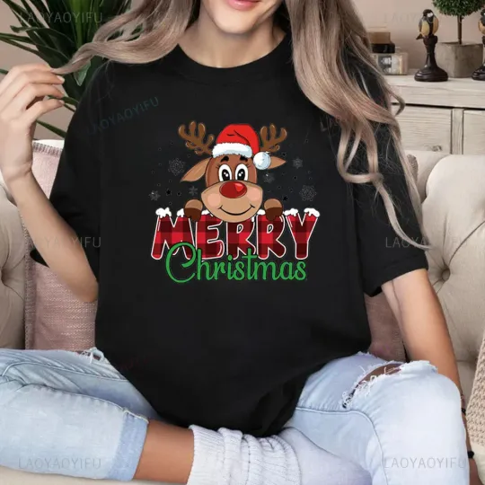 Discover Merry Christmas Moose Graphics Tshirt Women Christmas Shirts Cute Funny Christma Tops Retro Christmas Tee Comfort Famale T-Shirt