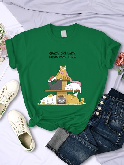 Discover Crazy Cat Lady Christmas Tree Tshirt Women Summer Cute Aesthetic T Shirt Casual Cool Tee Shirt Streetwear Hip Hop Short Sleeve