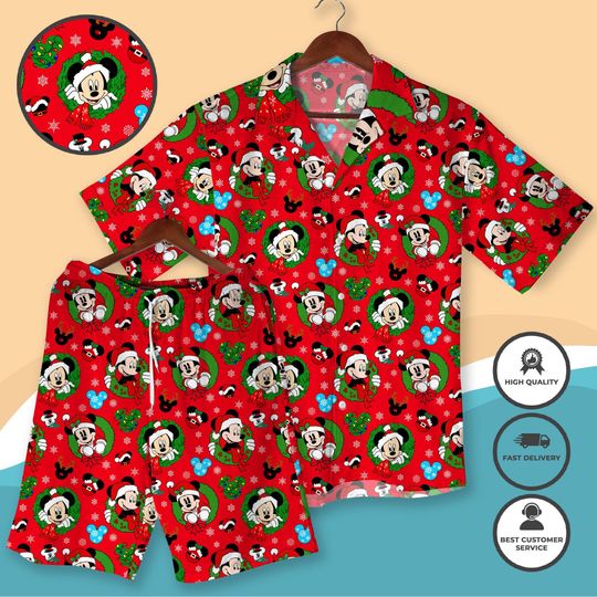 Mickey Santa Christmas Hawaiian Shirt and Shorts, Holiday Cartoon Print