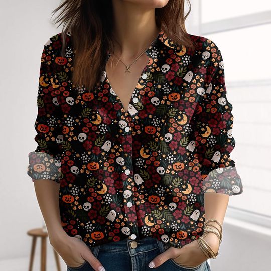 Pumpkin Skull Linen-Look Shirt, Halloween Floral Shirt for Women, Cute Spooky Season Blouse Shirt, Witchy Button Shirt For Her