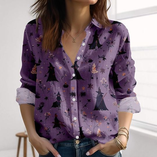 Discover Purple Witch Halloween Linen-Look Shirt, Whimsical Women Shirt, Starry Witch Blouse Tops Women, Halloween Party 2025 Button Shirt