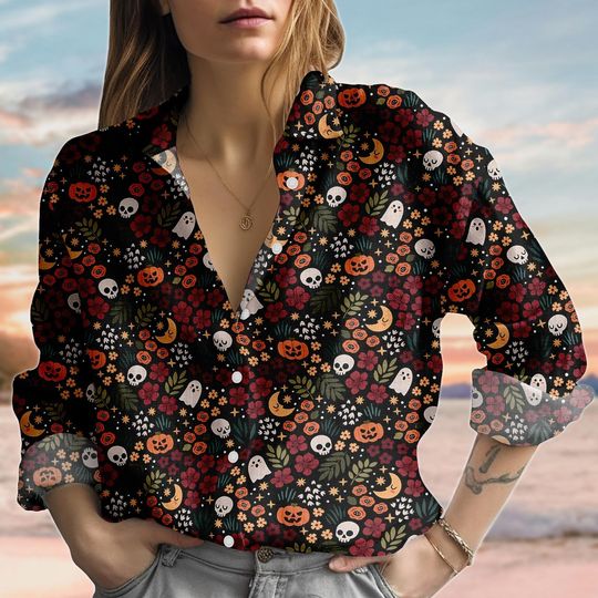 Discover Retro Pumpkin Skull Linen-Look Shirt, Halloween Floral Shirt for Women, Cute Spooky Season Blouse Shirt, Witchy Button Up Shirt For Her