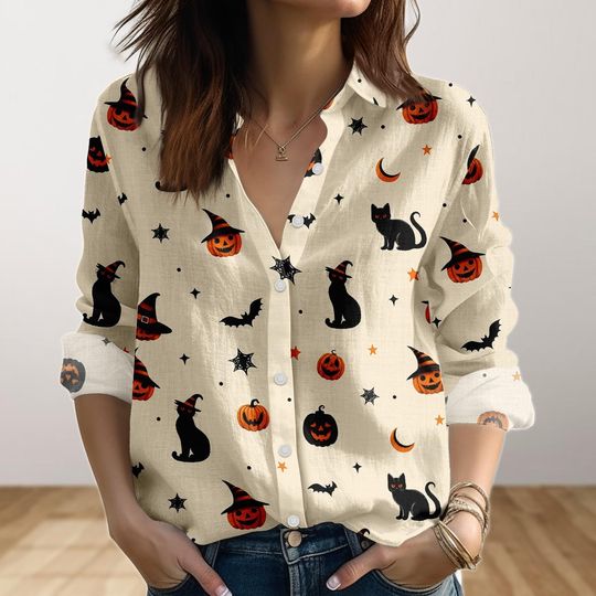 Black Cat Pumpkin Blouse Shirt, Halloween Women Shirt, Cute Spooky Fall Casual Shirt, Witchy Autumn Linen-Look Shirt, Halloween Gift
