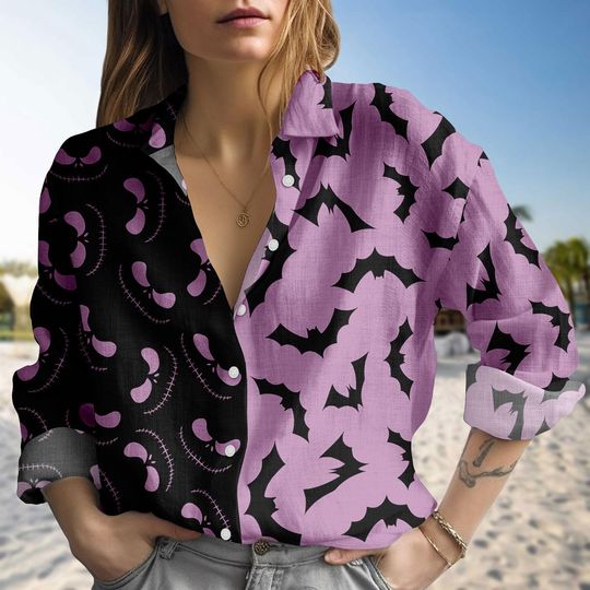Purple Black Jack Skellington Shirt, Disney Trip Women Blouse Shirt, Skellington Nightmare Casual Shirt, Trick or Treat Button Shirt