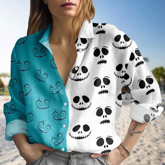 Purple Black Jack Skellington Shirt, Disney Trip Women Blouse Shirt, Skellington Nightmare Casual Shirt, Trick or Treat Button Shirt