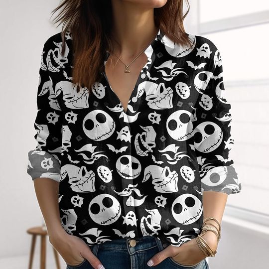 Nightmare Before Christmas Linen-Look Shirt, Jack Skellington Women Shirt, Disneyland Blouse Shirt, Spooky Casual Shirt, Halloween Gift