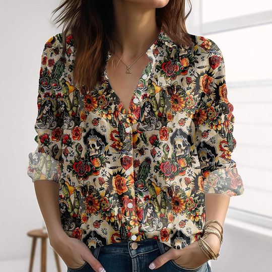 Discover Retro Sugar Skull Floral Linen-Look Shirt, Dia de los Muertos Blouse Shirt, Nature Shirt For Women, Fall Halloween 2025 Casual Shirt