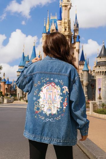 Disney Christmas Denim Jacket with Pastel Bow - Women's Classic Jean Top