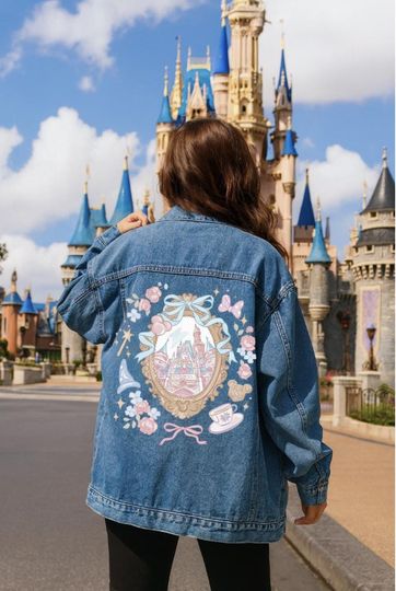 Discover Disney Castle Denim Jacket with Pastel Bow - Women's Classic Jean Jacket, Princess Disney World Outfit