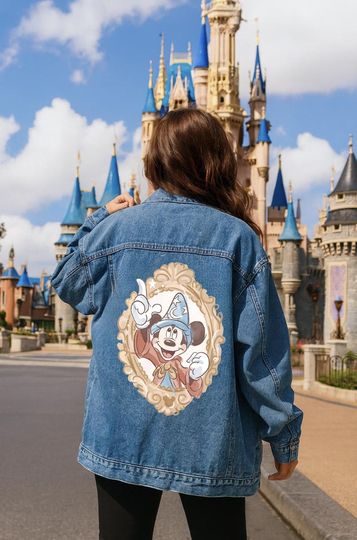 Retro Disney Fantasia Sorcerer Mickey Denim Jacket, Vintage Aesthetic Disney Graphic Outerwear