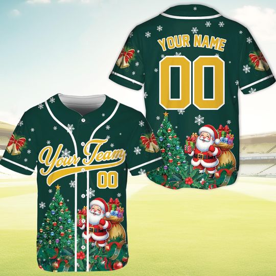 Discover Personalized Christmas Baseball Jersey, Custom Name and Number, Festive Santa and Winter Scene, Holiday Sports Shirt for Xmas Fans