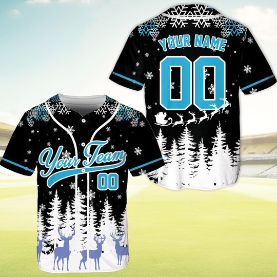 Discover Personalized Christmas Baseball Jersey, Custom Name and Number, Festive Santa and Winter Scene, Holiday Sports Shirt for Xmas Fans
