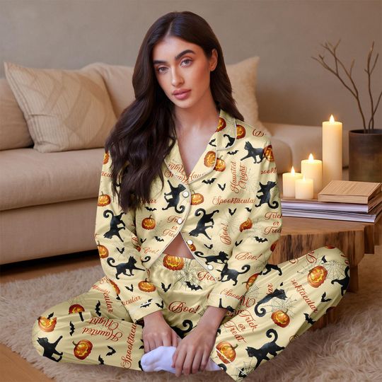 Halloween Black Cat Satin Pajamas, Fall Cat Silk Pajamas For Women
