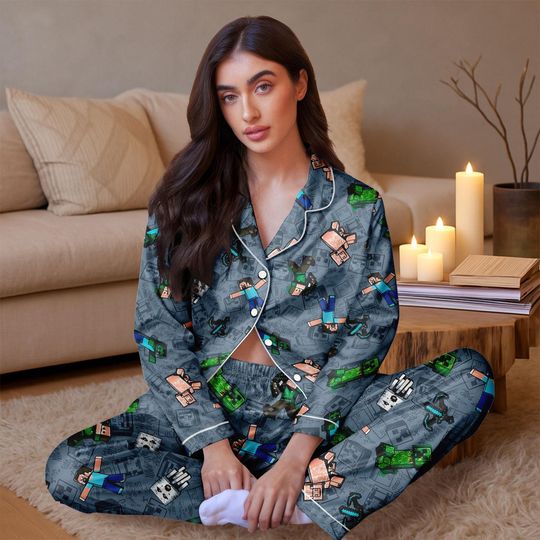 Funny Minecraft Satin Pajamas Set, Baby Creeper Sleepwear For Kids