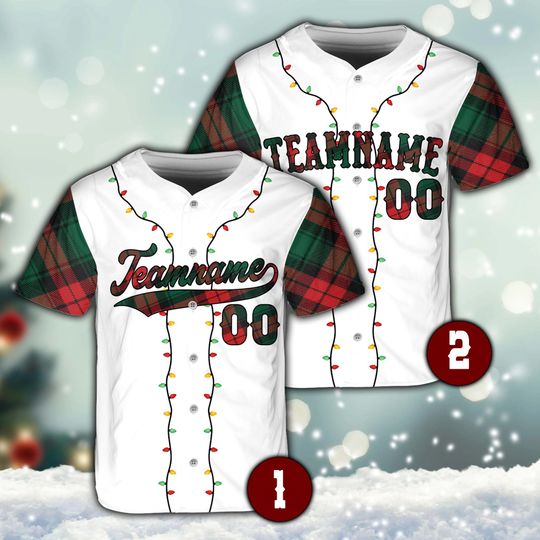 Custom Christmas in July Baseball Jersey, Personalized Plaid Holiday Lights Shirt, Xmas Team Name Number Jersey, Summer Christmas Jersey