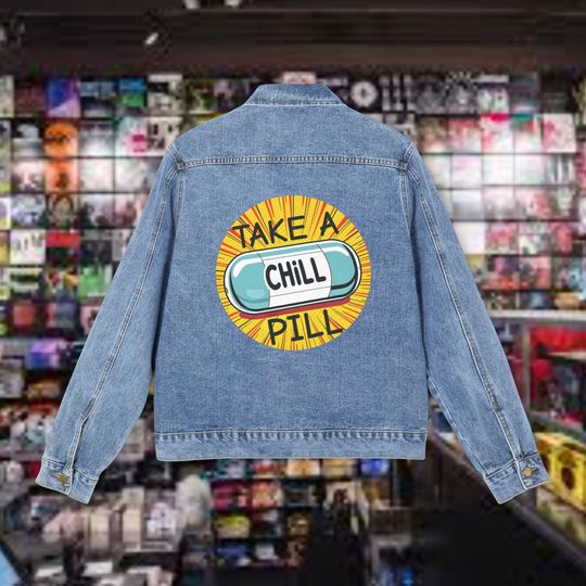 Discover 1980s Men's Denim Trucker Jacket, Take A Chill Pill Graphic, Relaxed Fit
