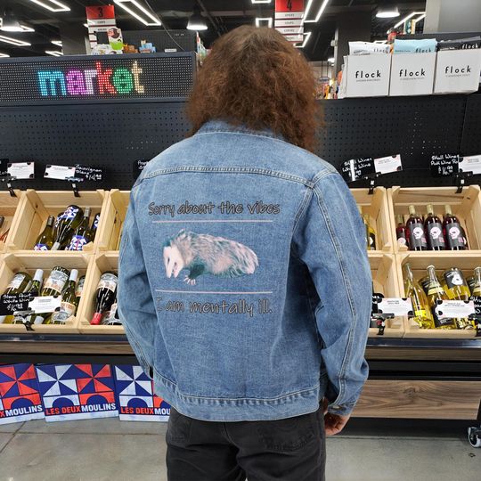 Men's Denim Trucker Jacket - Cute Opossum Animal Print, Fashion Outerwear
