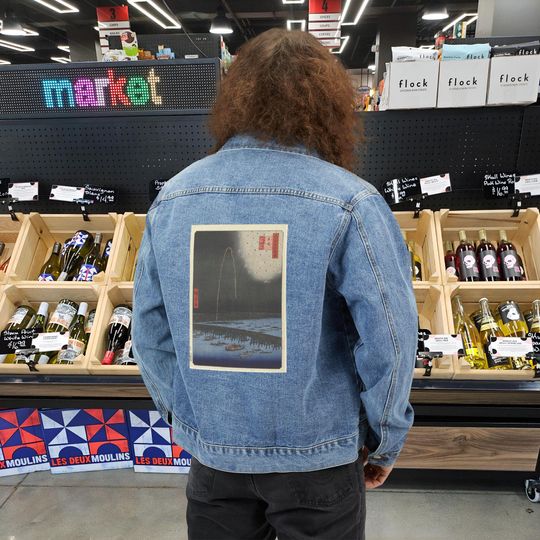 Discover Men's Denim Trucker Jacket with Paint Textures for New Year's Eve and Coastal Style