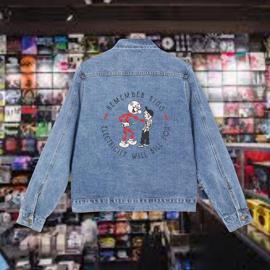 Discover Graphic Men's Denim Jacket with "Electricity Kills" Design