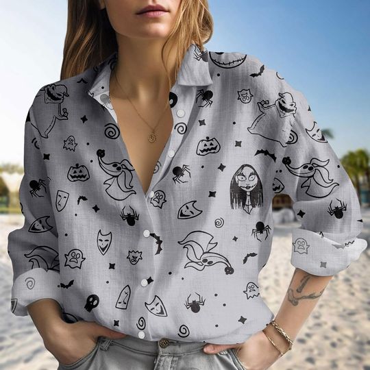 Halloween Jack Skellington Sally Shirt, Vintage Nightmare Before Christmas Blouse Shirt, Disney Horror Character Long Sleeve Shirt For