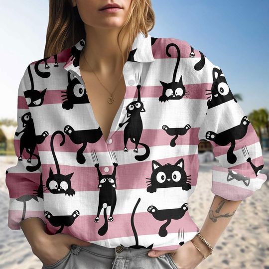 Funny Black Cat Blouse Shirt, Cute Kitty Print Shirt For Women, Quirky Pet Lover Shirt For Her, Halloween Black Cat Long Sleeve Shirt