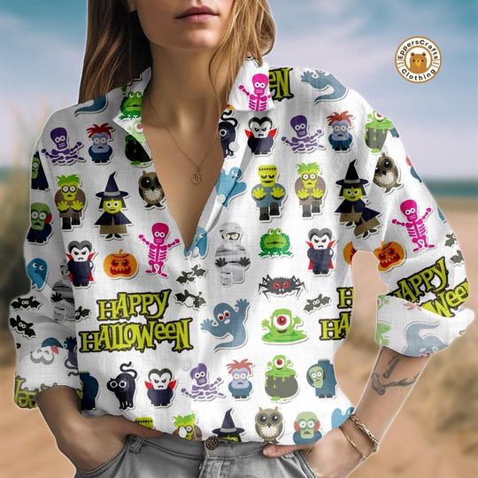 Discover Halloween Cartoon Blouse Shirt, Cute Monster Print Button Up, Kawaii Spooky Fall Shirt, Womens Casual Halloween Top, Halloween Gift