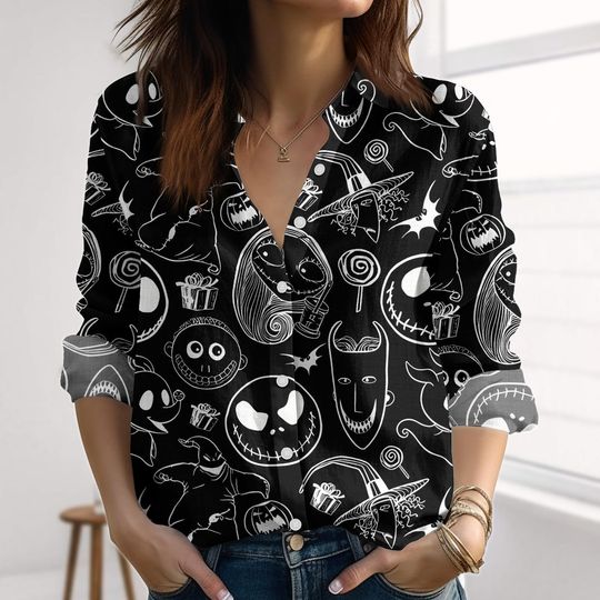Jack Sally Oogie Linen-Look Shirt, Nightmare Before Christmas Women Shirt, Disney Spooky Blouse Shirt, Black Goth Halloween Casual Chic