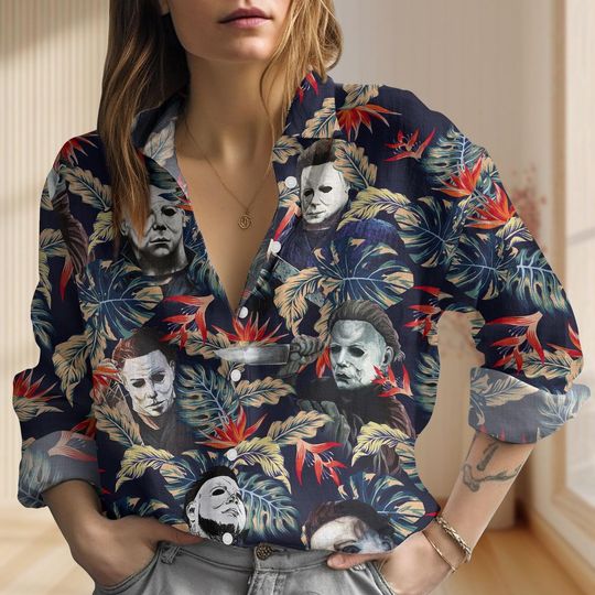 Discover Michael Myers Flowers Linen-Look Shirt, Horror Movie Casual Shirt, Halloween Blouses Shirt, Scary Long Sleeve Shirt, Spooky Casual Chic