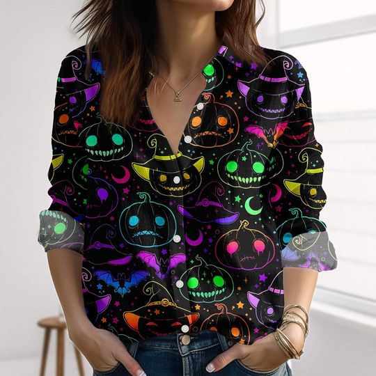 Pumpkin Neon Halloween Linen-Look Shirt, Cute Witch Women Shirt, Colorful Spooky Blouse Tops Women, Black Goth Halloween Casual Shirt
