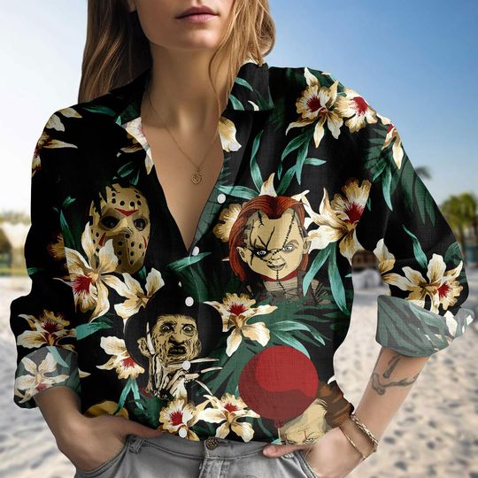 Discover Halloween Horror Character Blouse Shirt, Spooky Floral Button Up Blouse, Scary Movie Casual Shirt For Women, Fall Festival Costume