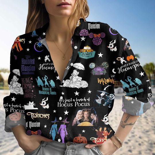 Discover Disney Hocus Pocus Halloween Linen-Look Shirt, Hocus Pocus Haunted Mansion Blouse Shirt, Spooky Disney Button Down, Gift For Her