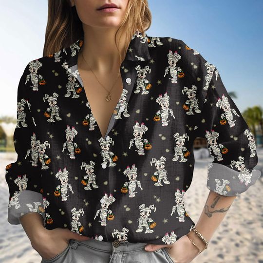 Disney Mickey Halloween Linen-Look Shirt, Halloween Women Blouse Shirt, Mickey Spooky Season Blouse Shirt, Halloween Gift For Her