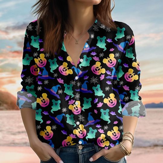 Mickey Halloween Blouse Shirt, Neon Ghost Pumpkin Bat Women Shirt, Disney Spooky Linen-Look Shirt, Gothic Casual Shirt, Halloween Gifts