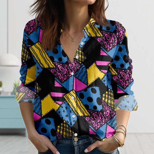 Sally Jack Linen-Look Shirt, Nightmare Before Christmas Blouse Shirt, Spooky Shirt For Women, Disneyland Halloween Casual Shirt